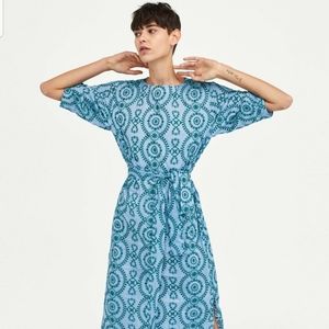 Zara Embroidered Midi Kaftan Dress Waist Tie sz s